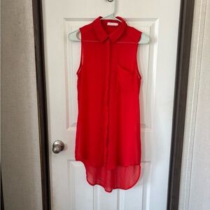 Lush Red Sleeveless Sheer Button-Up Blouse